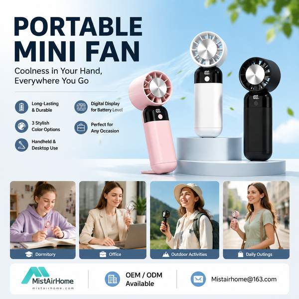 MistAirHome MF-500 Portable Handheld Fan — 5000mAh lithium-ion, 3.7V, Brushless Motor, Factory Direct MF-500 5000mAh USB-C rechargeable fan with power bank Portable Rechargeable Fan for Zurich